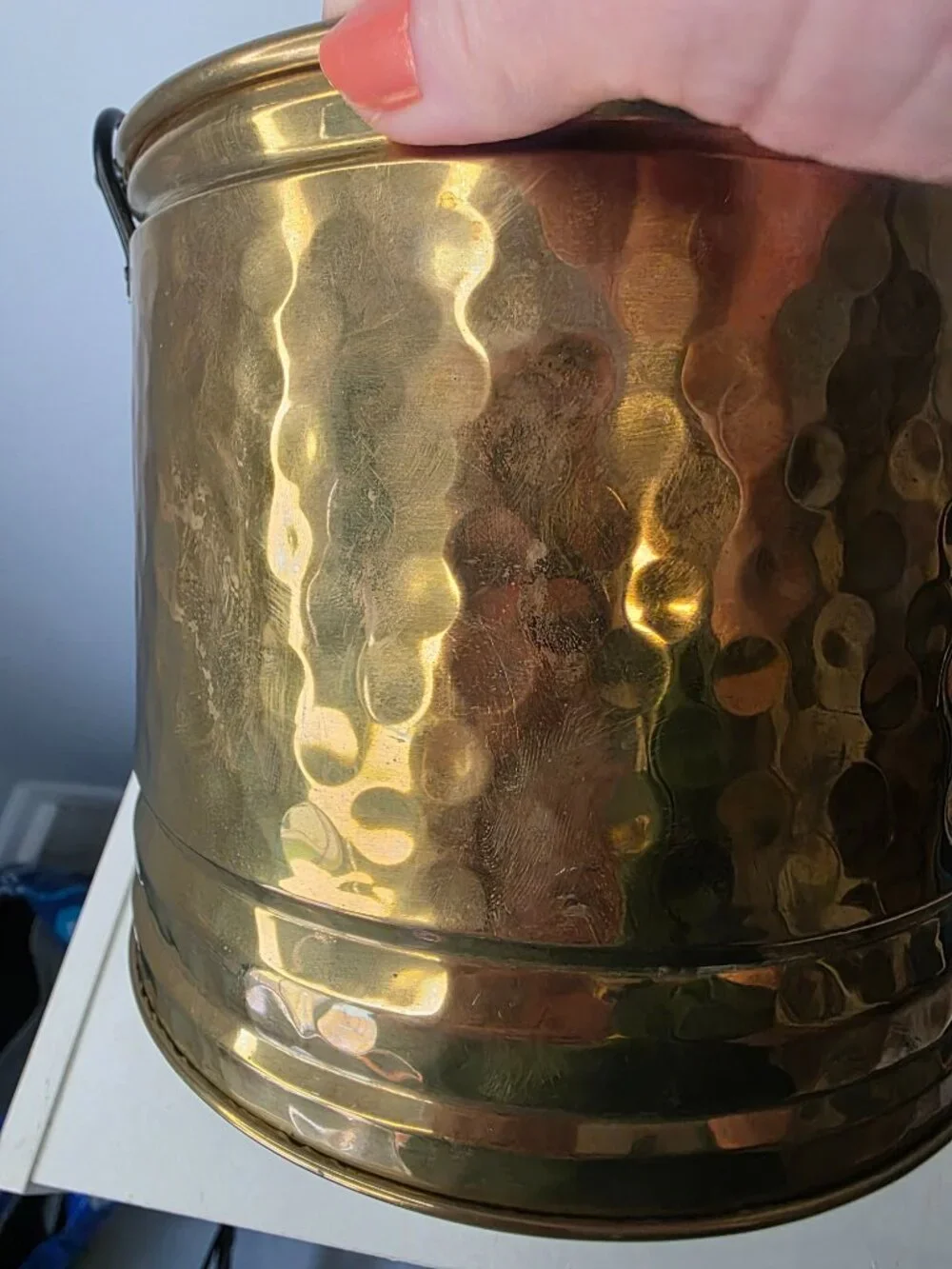 Hammered Brass Pail Bucket Black Metal Handle 6